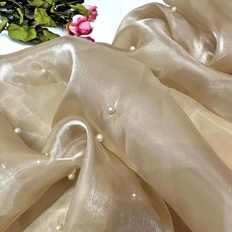 90x150cm Faux Pearl Organza Fabric for Dress Wedding DIY Sewing Bead Gauze Glossy Cloth Needlework Cloth Smooth Soft Material
