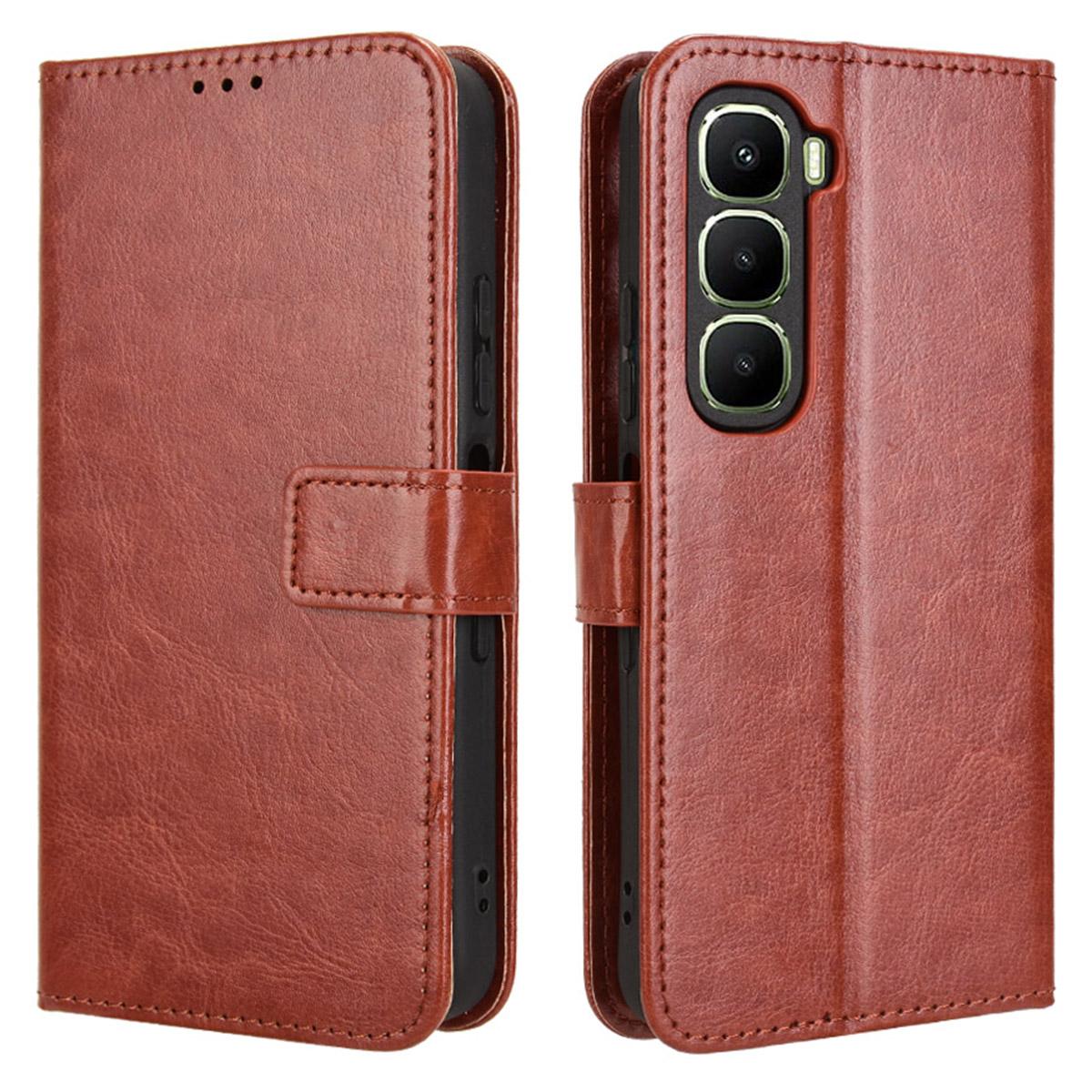 

For Infinix Hot 60 5G/Hot 60i 4G Case Crazy Horse Texture PU Leather Phone Wallet Cover with Wrist Strap Brown