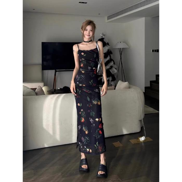 

French retro floral suspender vest dress women s summer black slim and thin sexy hottie hip skirt XL