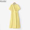 ZANZEA Elegant Women Short Sleeve Side Button Waist Pleated Casual Midi Office Dress