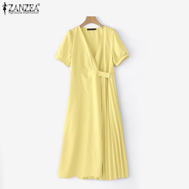 ZANZEA Elegant Women Short Sleeve Side Button Waist Pleated Casual Midi Office Dress