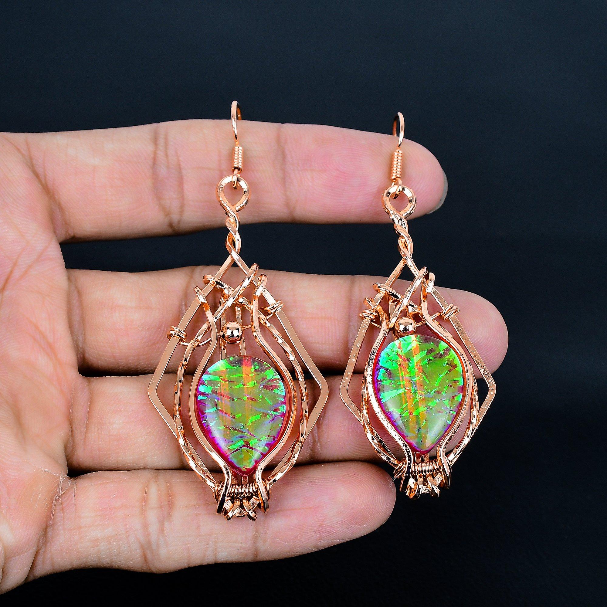 

Розовые серьги с австралийским опалом-триплетом, обернутые медной проволокой 999 пробы, серьги из драгоценных камней ручной работы ко Дню памяти 2.55 Inches