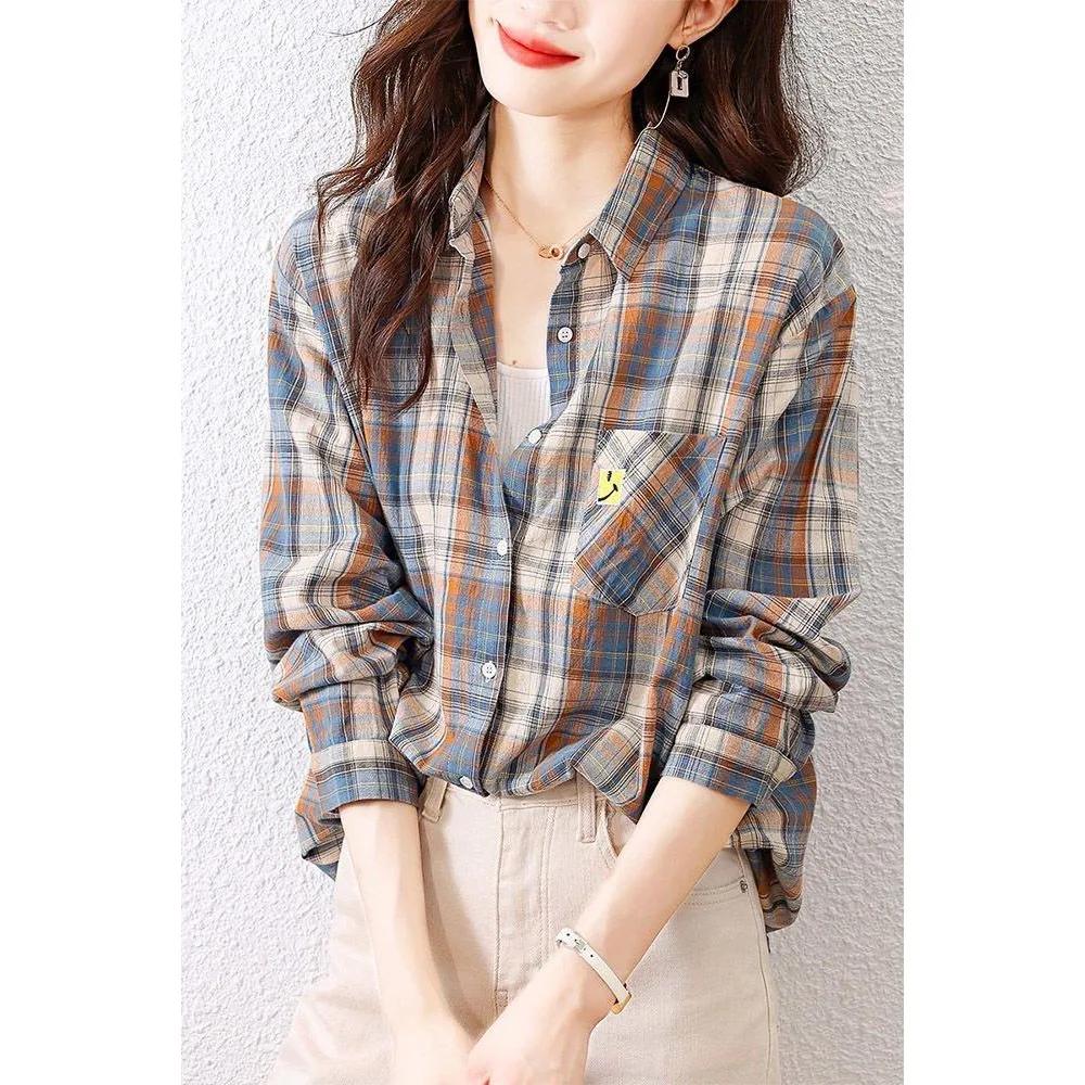 Checkered Shirt for Women In Spring and Autumn New Fashionable and Retro Pure Cotton Shirt Worn with a Foreign