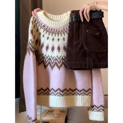 Vintage Crew Neck Fair Island Pullover Sweater Women's Spring New Thickened Warm Knitted Sweater Top Trendy