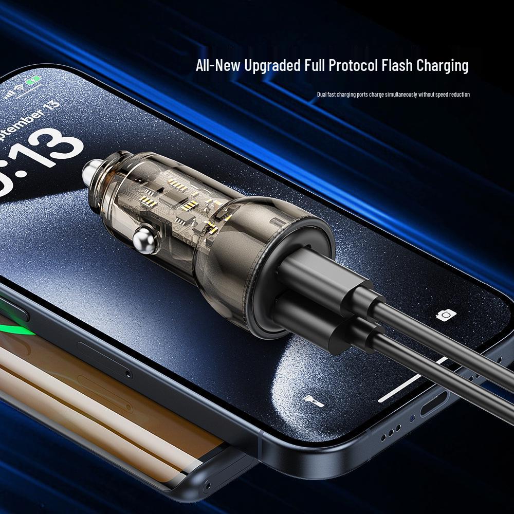 Transparent Mini Car Charger for Samsung: Dual Port Super Fast PD+QC Mobile Phone Flash Charging