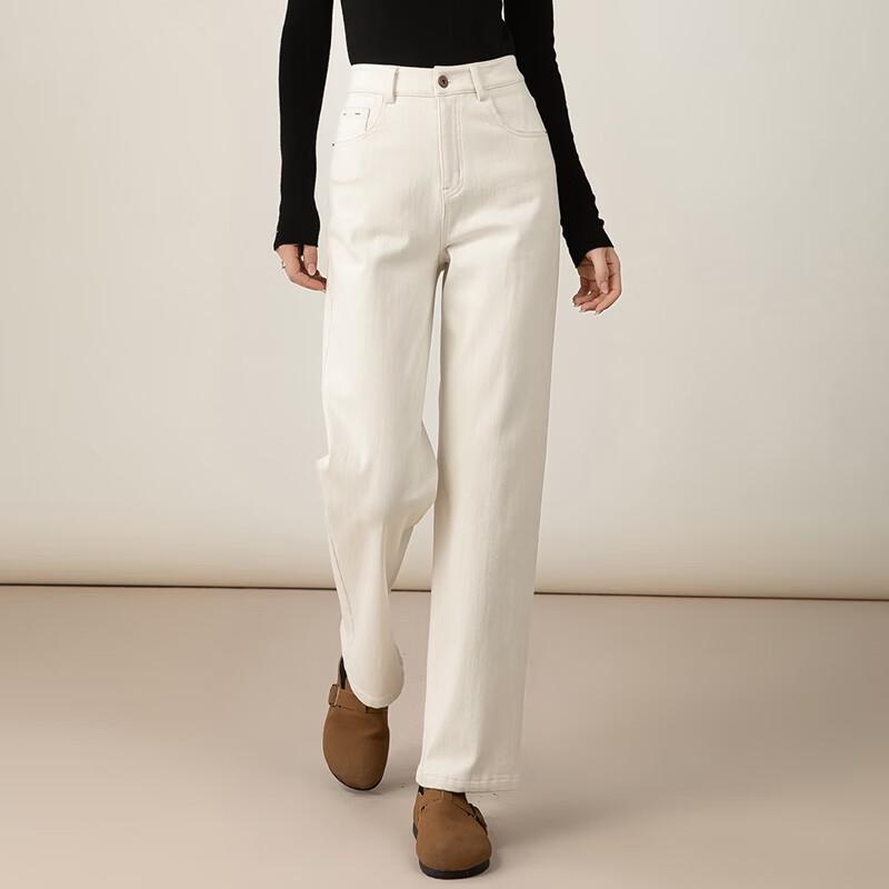 Fanzhen Women's Plush-Lined Off-White High-Waist Straight-Leg Jeans