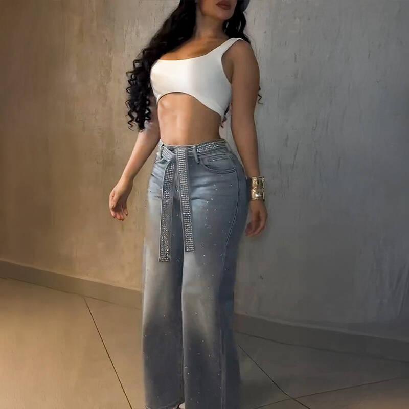 High-Waisted Wide-Leg Denim Pants With Rhinestone Embellishment Streetwear Loose Fit Straight Cut Dragging Length