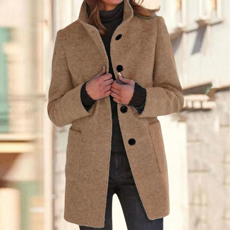 Women's Casual Solid Color Woolen Jacket with Collar and Pocket Long Sleeve Button Up Coat