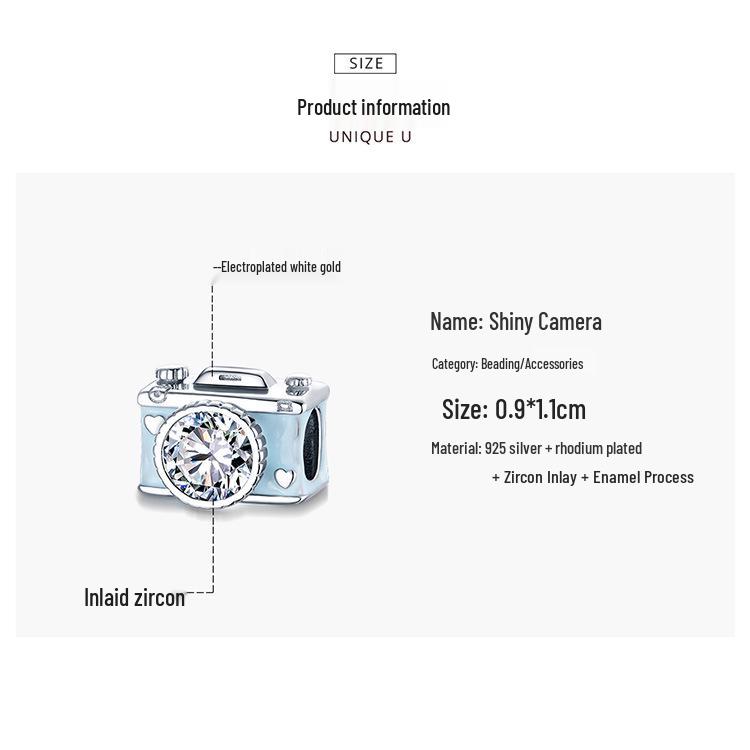 Avle S925 Sterling Silver Shiny Camera Beads DIY Bracelet Jewelry Accessories