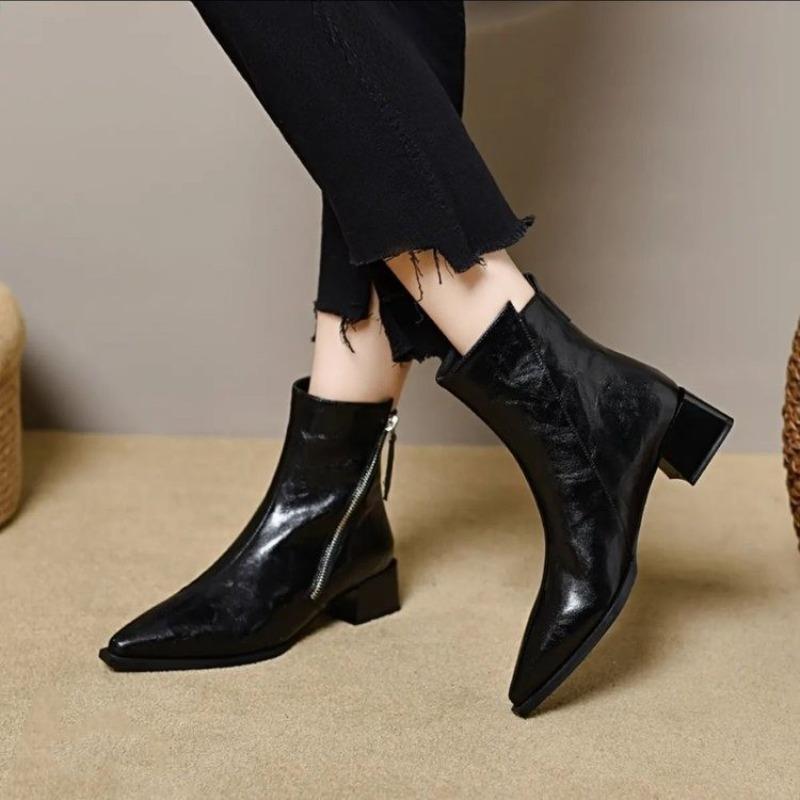 Soft Leather Thick Heel Short Boots Women's Pointed Middle Heel Thin Boots Velvet Women's Shoes Winter New Cotton Leather Shoes Martin Boots