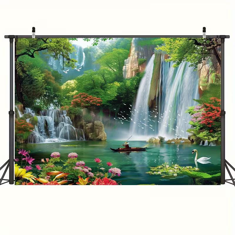 2D Wald Wasserfall Wandteppich Natur See mit Boot & Schwan Hintergrundtuch für Zuhause