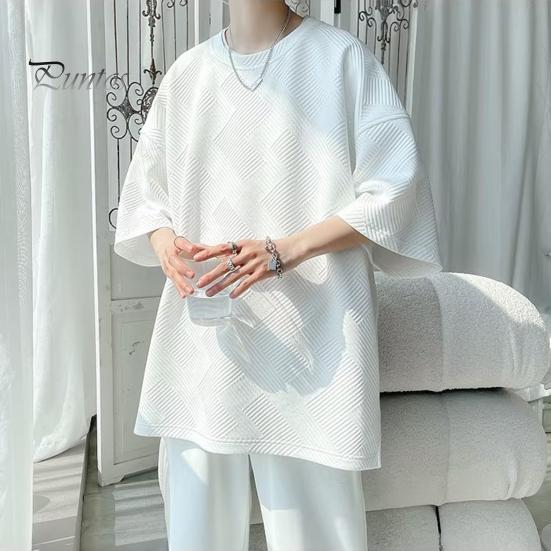 Camiseta de verano para hombre, cuello redondo, holgada, de largo medio, de color liso, con textura de gofre, talla grande, media manga, estilo japonés, ropa de calle para exteriores