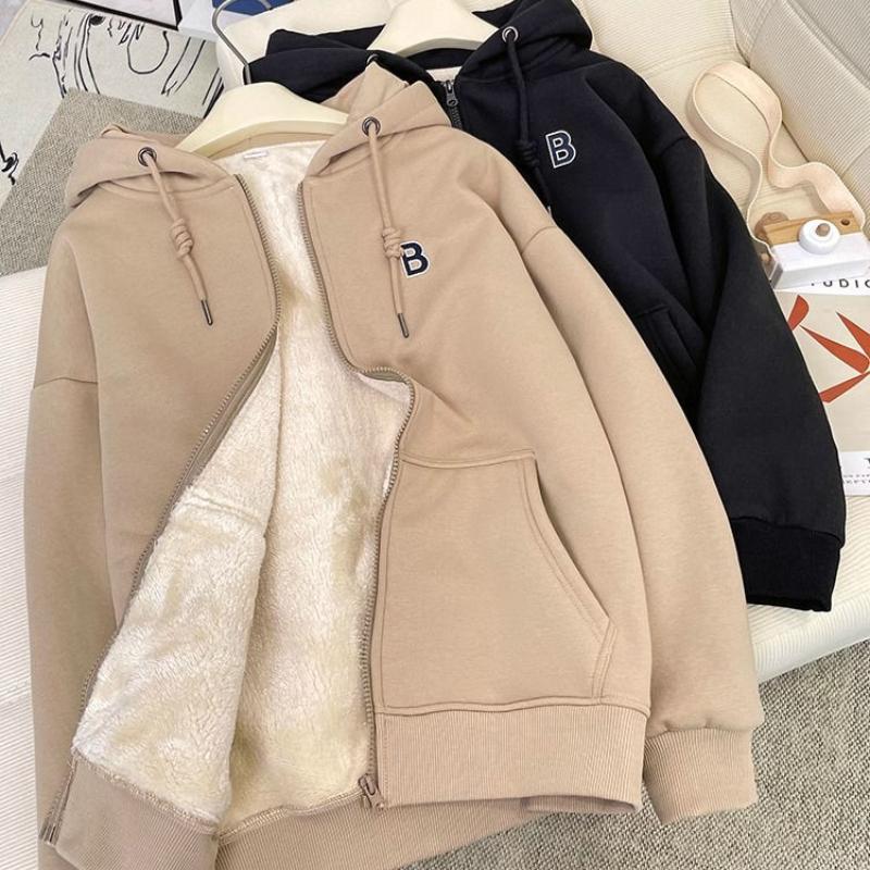 Vysoce kvalitní jehněčí kašmírová mikina pro ženy v zimě, nová dámská volná a plyšová, zesílená a teplá bunda s kapucí na zip