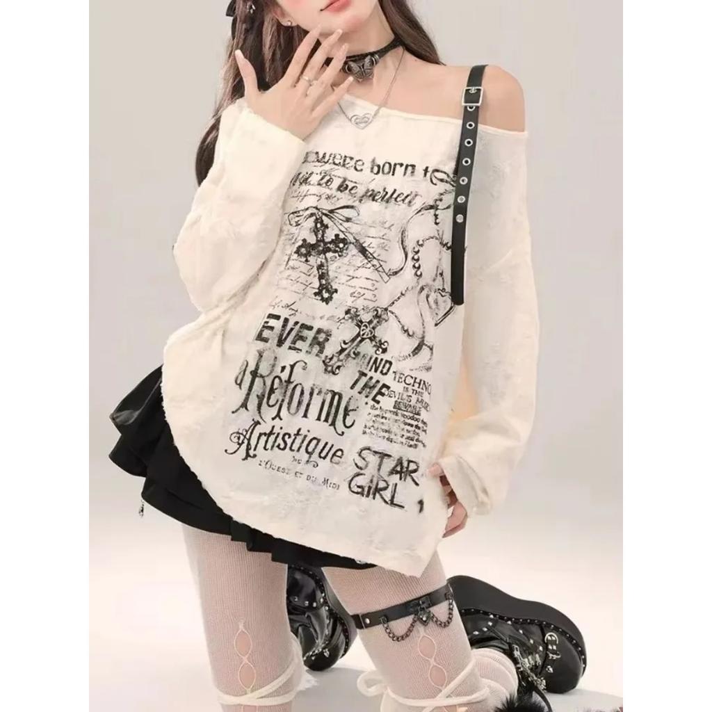 VAYLA Y2k Gothic Grunge Dark Hollow Out T Shirt Women Harajuku Hollow Out Off Shoulder Sexy Tees Punk Letter Print Tops New
