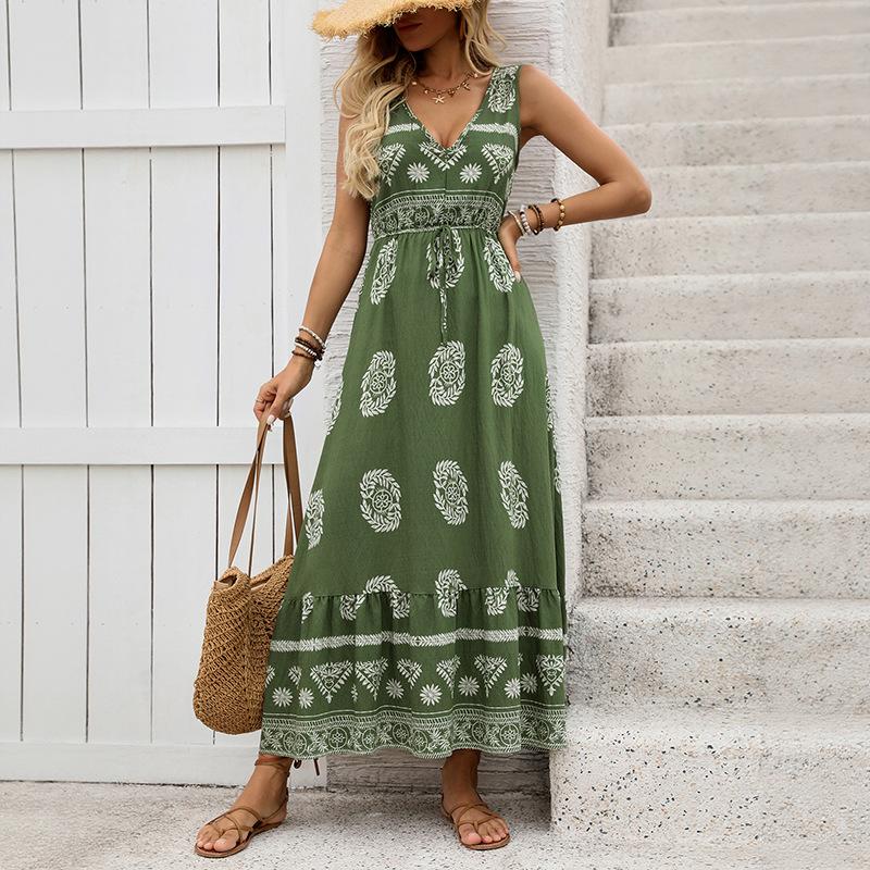 

New holiday style shoulder strap skirt sleeveless printed dress XL зелений