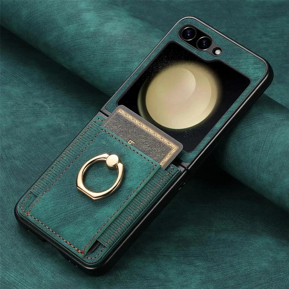 Retro PU Leather Cover for Samsung Z Flip 7 6 5 Flip6 Flip5 Flip4 Flip3 Flip7 5G Ring Card Slot Holder Wallet Phone Case
