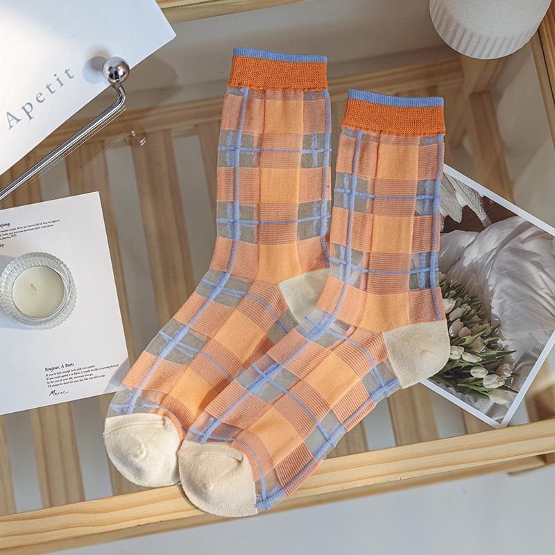 Spring/Summer Ultra Thin Vintage Crystal Silk Stockings for Women Socks for Women Mid-tube Stockings Breathable Cotton Sole Glass Silk Stockings