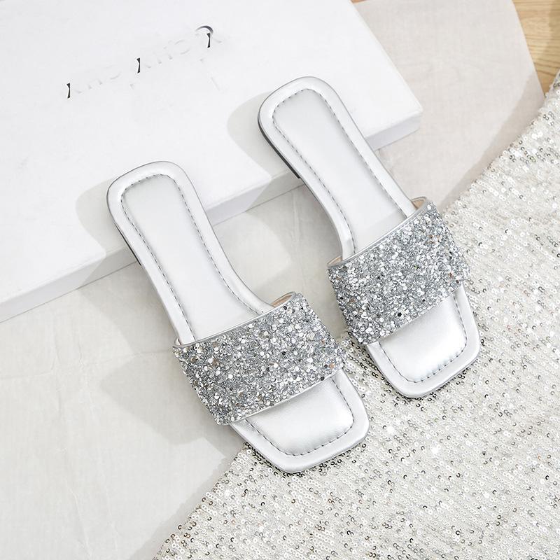 Fashion Glitter Bling Summer Slippers for Women 2024 New Ladies Flat Beach Slipper Women Sandals Outdoor Shoes Luxury Designer Plus Size