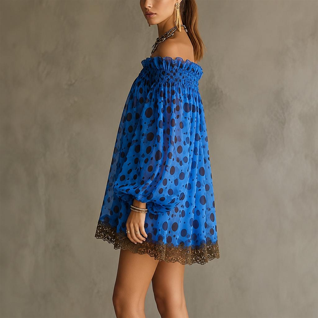 Women's Off-Shoulder Polka Dot Chiffon Puff Sleeve Dress