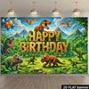 2D Flaches Dinosaurier-Geburtstagsbanner, Jurassic Jungle und Dinosaurier-Szene für Kinderparty