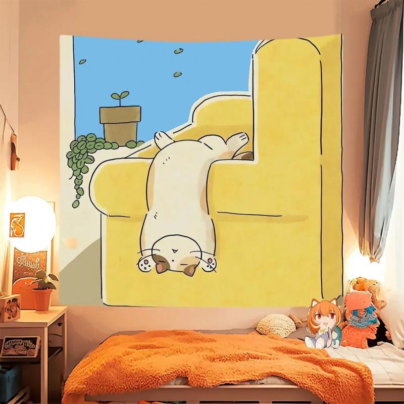 Kawaii Cat Tapestry Cute Cartoon Anime Wall Hanging Polyester Aesthetic Decor for Bedroom Dorm Kids Room Decor