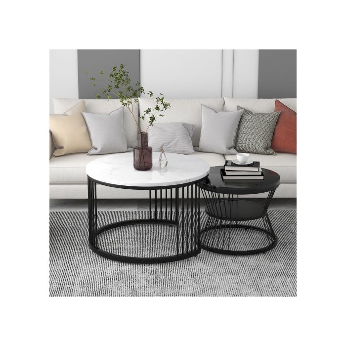 Table basse gigogne - MUVOE - Ensemble de 2 pièces - MDF brillant - Cadre noir - Design moderne