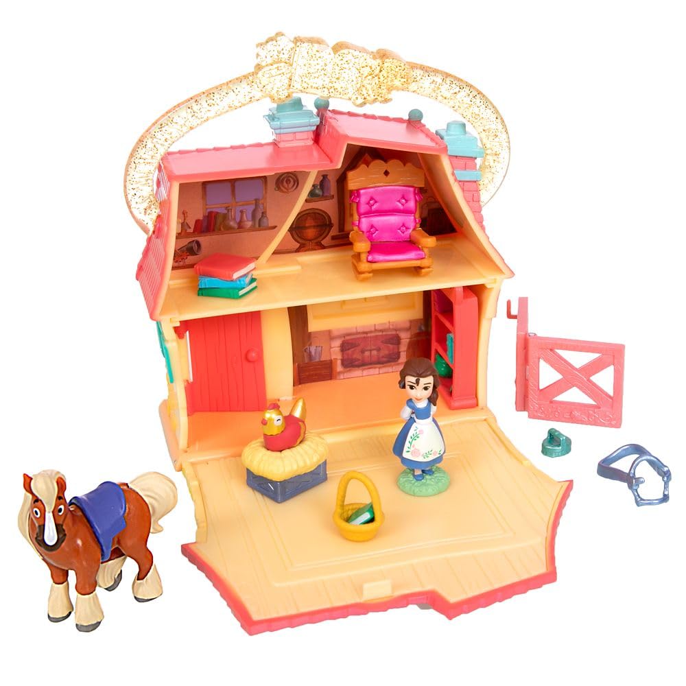Official Disney Store Belle Cottage Micro Micro Toy Belle and Philip Micro Portable Travel Toy Playset with Travel Toy with Surprise Playset, Set,