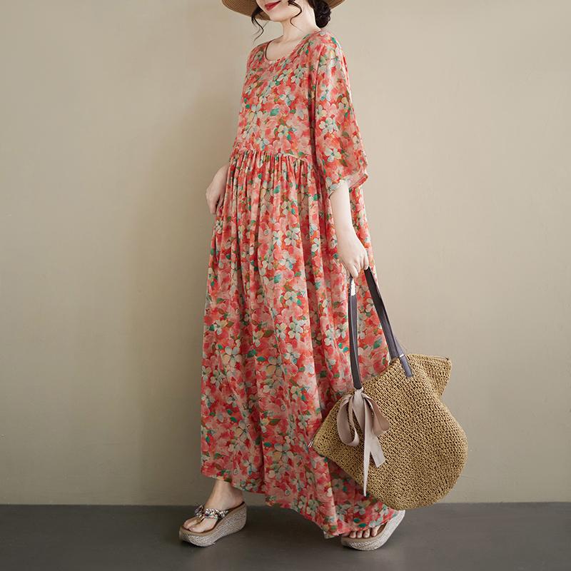 DIMANAF Neues Sommer-Strand-Sonnenkleid 2026 Damen Übergröße Vintage Dame Langes Kleid Locker Übergröße Maxi Blumenprint Baumwolle