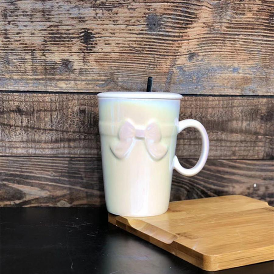 Light Luxury Colorful Relief Bow Mug with Cover Spoon Ceramic Mug