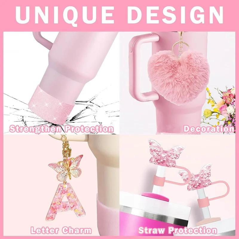 8 Pezzi Accessori per Tazza per Stanley Cup 30oz 40oz Include Coperchio Tappo Cannuccia a Farfalla Piedino in Silicone Maniglia Ciondolo Adesivo con Iniziali