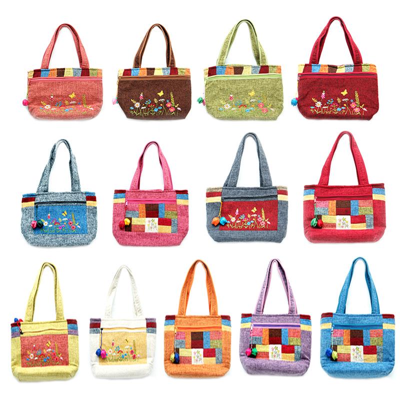 Korean-Style Bamboo Joint Hemp Embroidered Shoulder Handbag 18.5*19.5 Ethnic Design Handcrafted