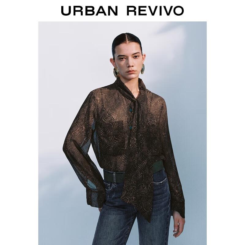 UR 2025 Fall Retro Bow Collar Textured Plaid Long Sleeve Blouse M темно-коричневого