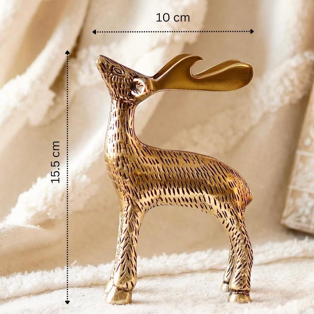 Golden Aluminium Christmas Reindeer Figurine Statue 2 Pcs | Reindeer Showpiece for Tabletop, Bookshelf, Desktop, Cabinets, (Jewellery Not Included)