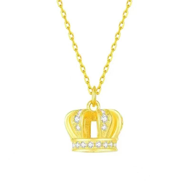 Crown Pendant Necklace for Women's Retro Hollow Diamond Inlay Design Palace Style Fashion Simple Sweater Collarbone Chain