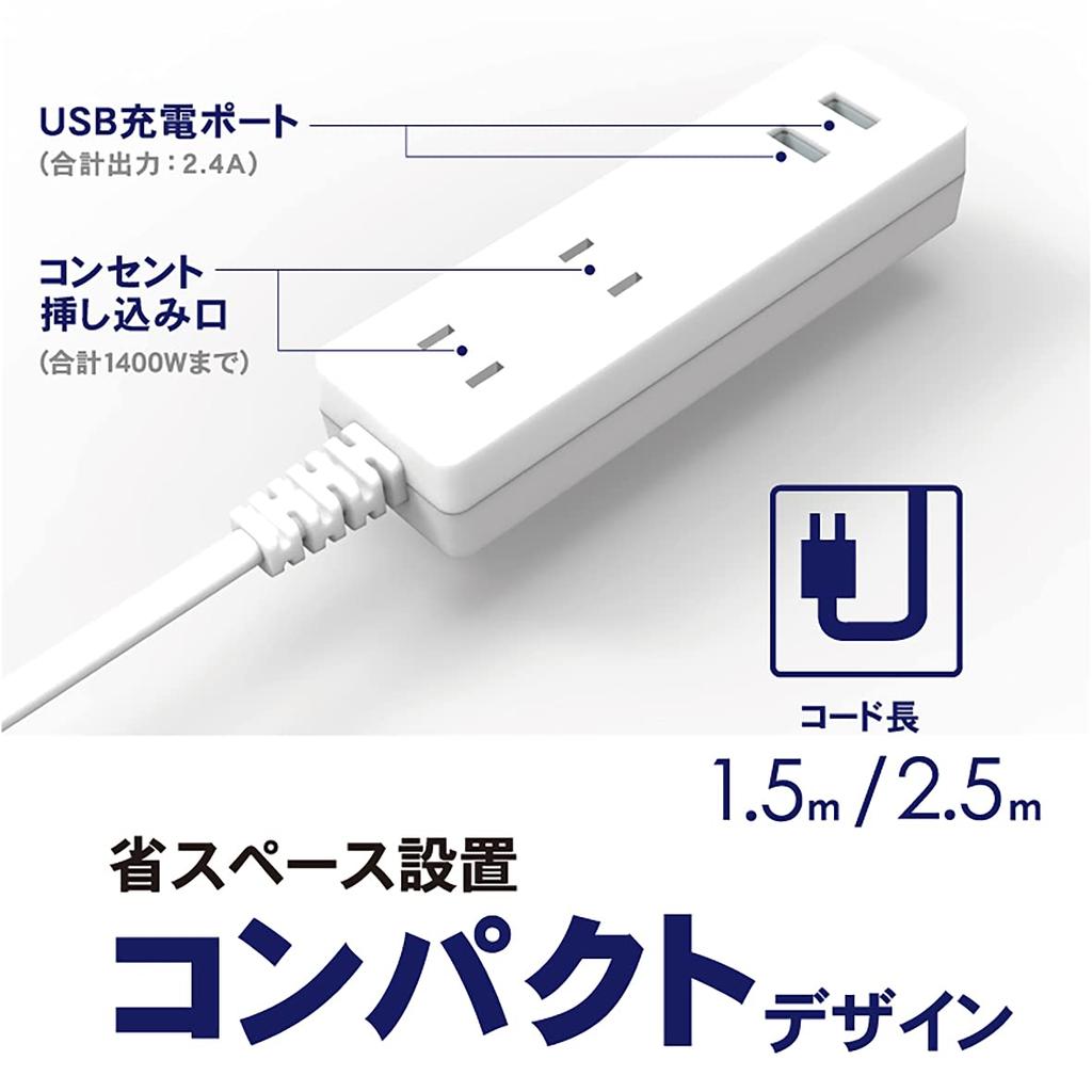 Topland Steckdosenleiste mit Stecker zur Verhinderung des Trackings (2 Steckdosen / 2 USB-Anschlüsse), 1,5m Kabel, Automatisches Stromabschaltsystem, Kompakttyp, TPA15-WT
