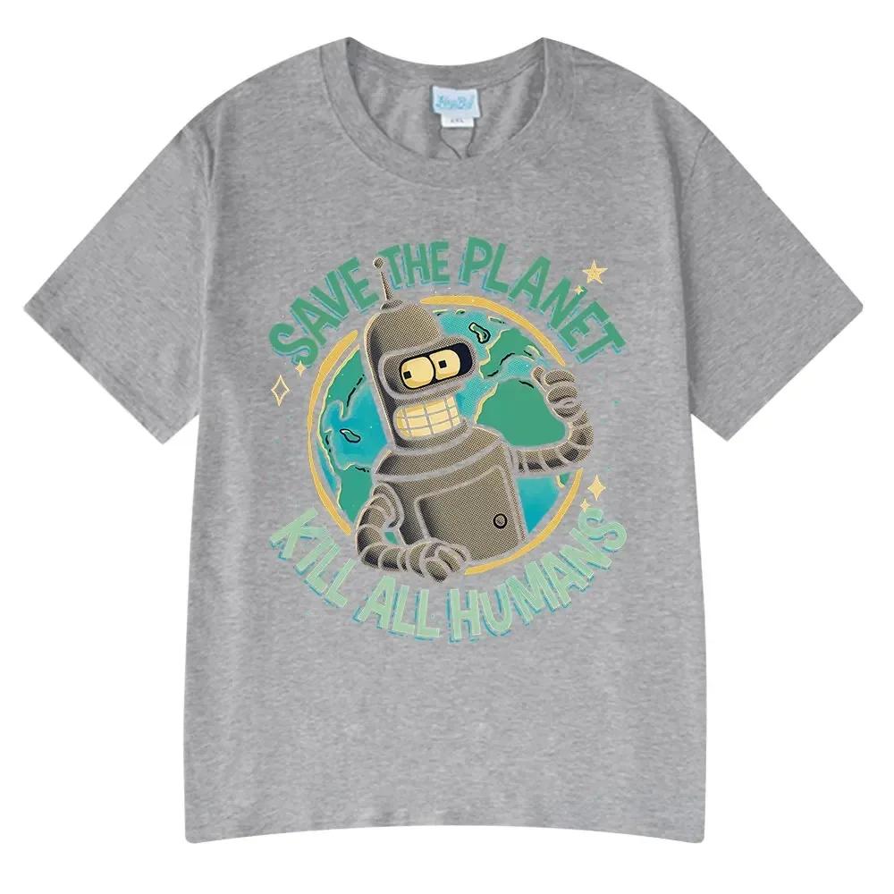 Nuevas Camisetas Divertidas de Moda Caliente Salva el Planeta Mata a Todos los Humanos Estampado de Robot para Hombre y Mujer Manga Corta Algodón Oversize