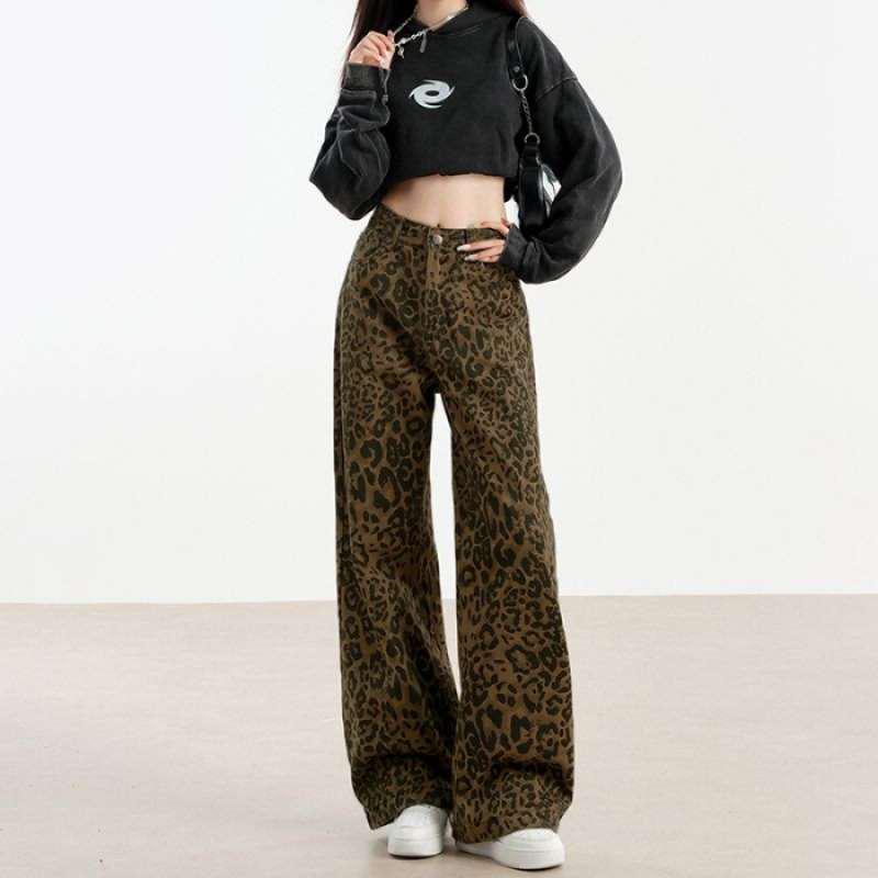 

Women s Leopard Print High-Waist Straight Wide-Leg Jeans - Spring/Autumn L цветной печати леопарда