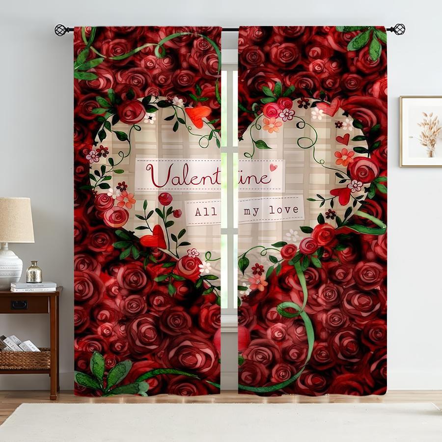 Set Of 2 Red Rose Valentine Day Theme Curtains Romantic Style Bedroom Living Room Drawbar Pocket Decorative Curtain Polyester Perfect For Great