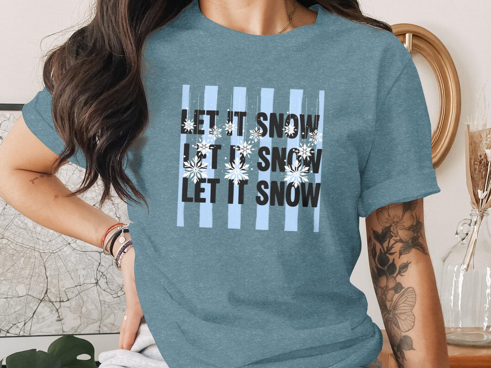 Let It Snow T-Shirt, Snowflake Graphic Top, Winter Holiday Tee S