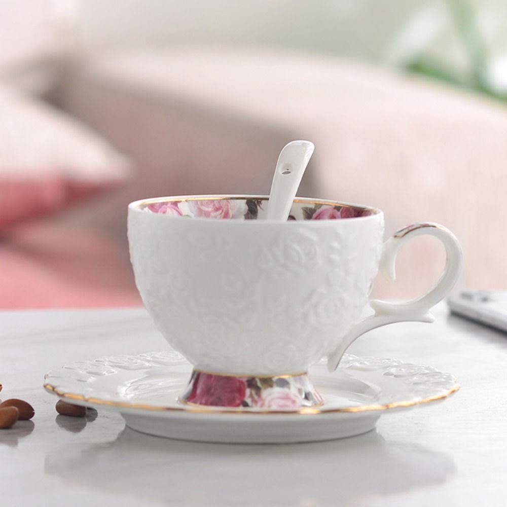 Exquisite Tea Cup Set Luxury Latte Flower Tea Water Cup Ceramic Coffee Cup Spoon Plate Set  Hotel