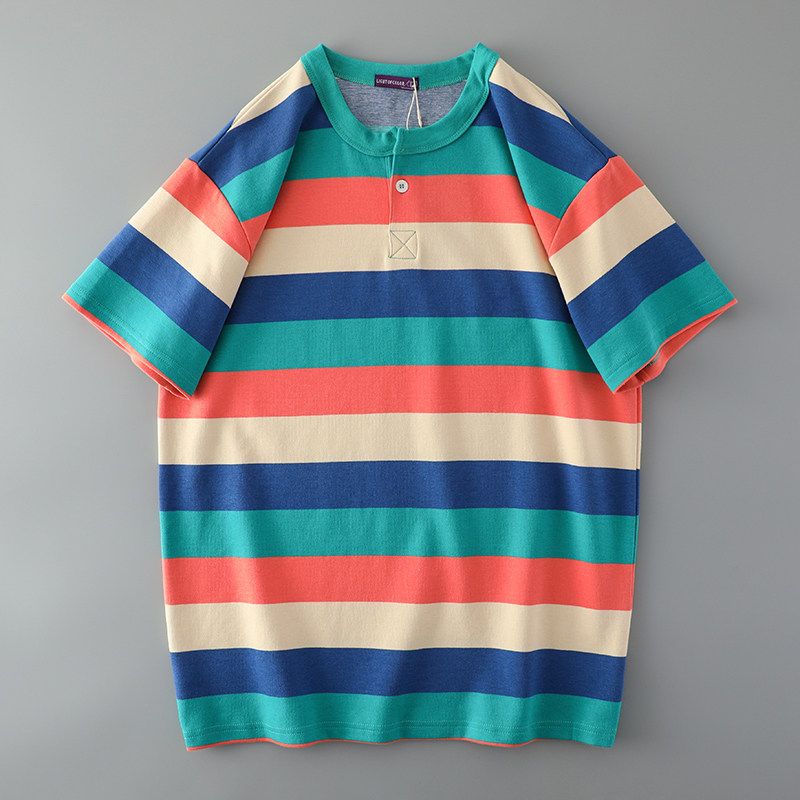 American Retro Henley Shirt Men Heavy Weight Pure Cotton Minimalist Henry Collar Stripes Short Sleeve T-shirt Export Menswear T-shirt