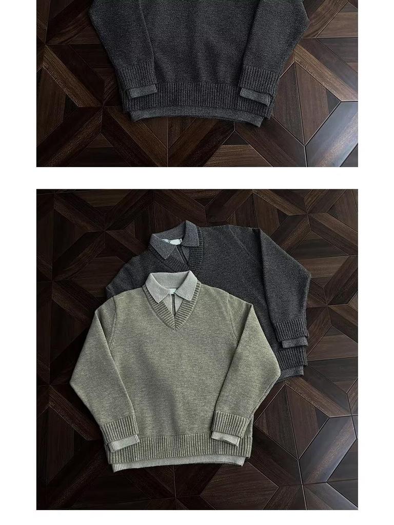 Herren V-Ausschnitt Retro-Stil Strickoberteil - Fake Zweiteiler, Winter Kragen, Lockerer Schnitt
