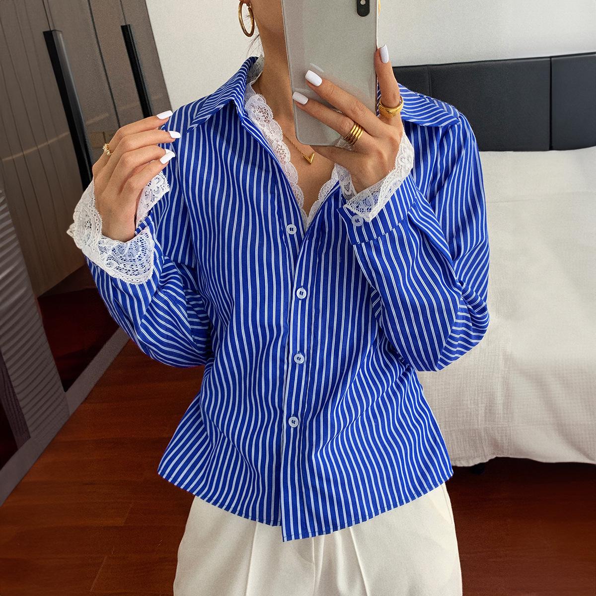 Elegant Patchwork Lace Shirt for Women - Autumn/Winter 2025 Collection Small синий