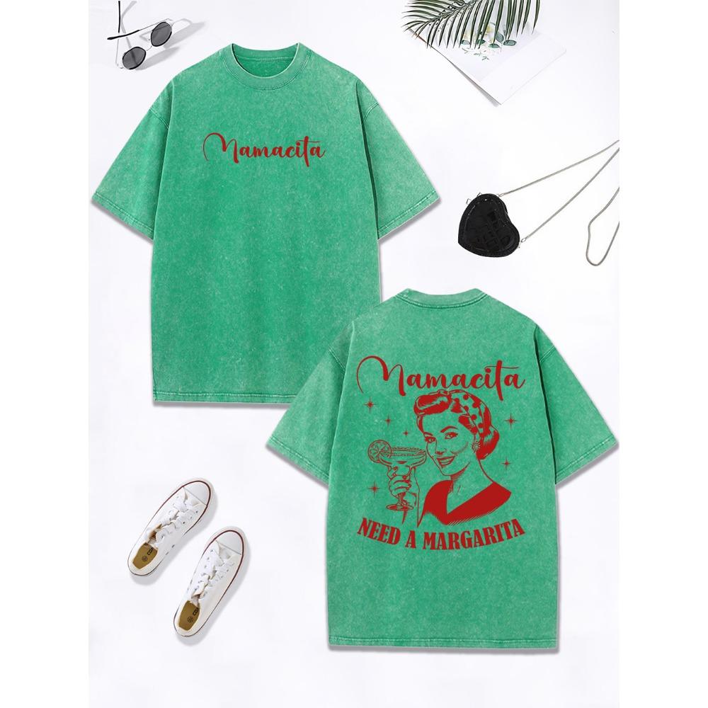 Mamacita Needs A Margarita Lemon Printing Washed T-Shirt Women Cotton Oversize Tops Distressed O-Neck T Shirt Clothes