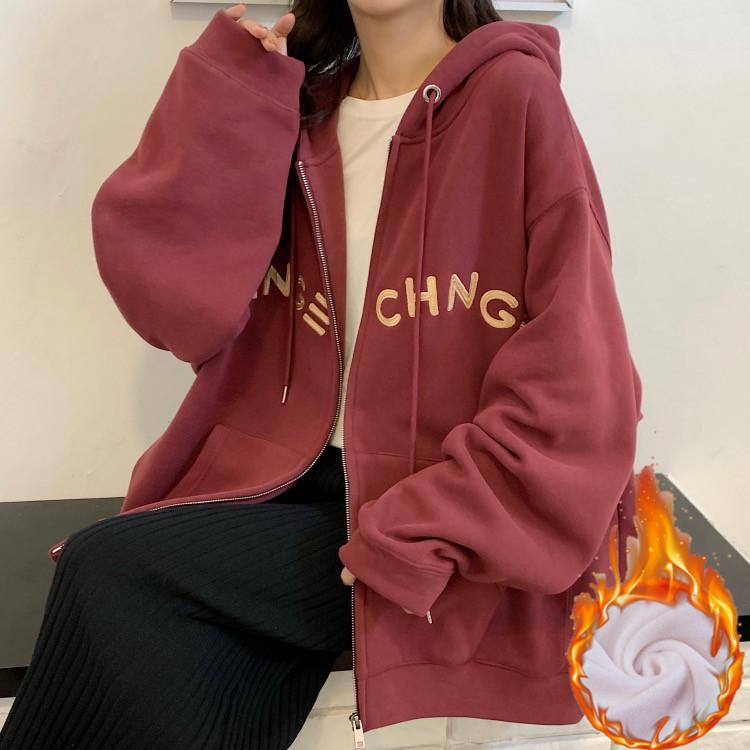 Women's Plus Size Velvet-Lined Embroidered Hooded Sweatshirt - Cozy Autumn/Winter Loose Fit Zipper Cardigan