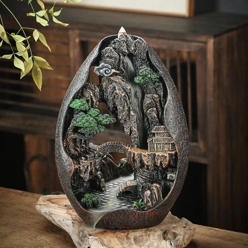 

Zen Buddha Resin Ornament Landscape Waterfall Backflow Incense Burner Home Decor Censer Tea Pet (Without Incense)