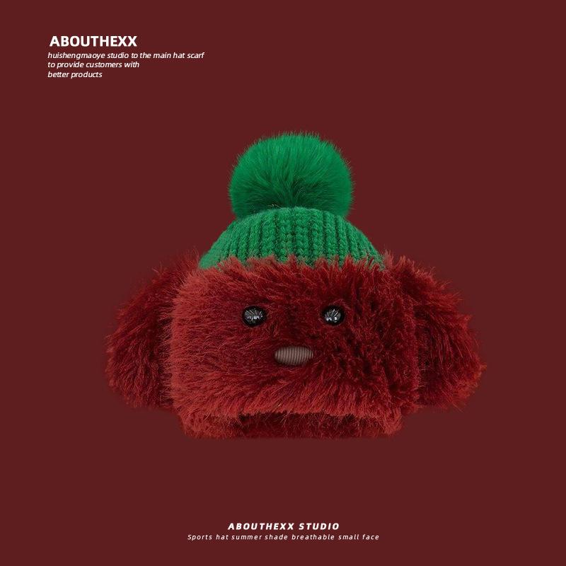 

Забавная шапка для щенка для женщин Рождественская милая теплая вязаная шапка Плюшевая утолщенная шапка-пуловер для защиты от холода Защита ушей Шерстяная шапка M（56-58cm）