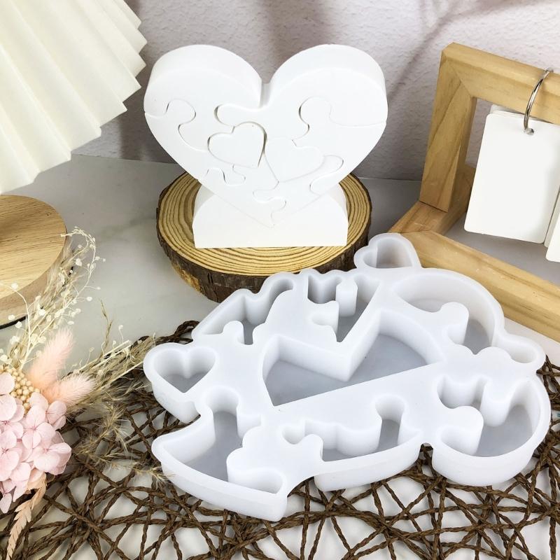 Desk Ornament Mould Flexible Silicone Mold for Love Heart Puzzle Shaped Decoration Gypsum Mold Jewelry Making Supplies
