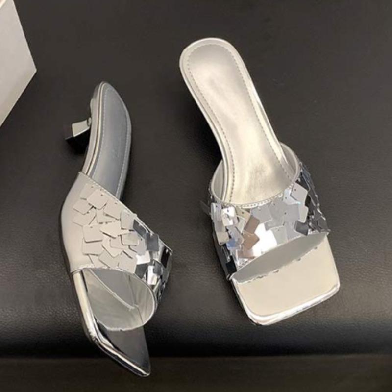 Fashion Slip-heeled Slippers Summer New Style Square Head Glitter Shallow Mouth Set Foot Anti-slip Wear-resistant Sandals