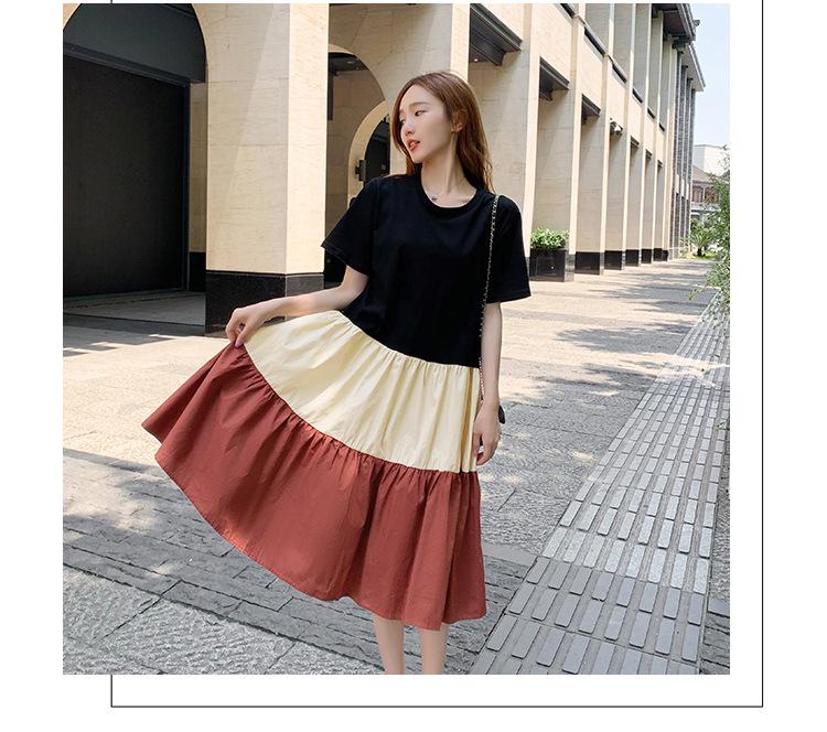 Women's Mid-Length A-line Patchwork Dress, Loose Fit, Short-Sleeved, Over-the-Knee, Summer Style